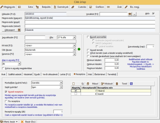 Cikk receptúra törzslap