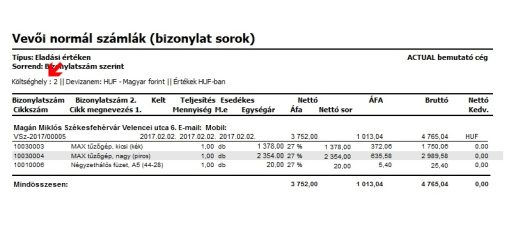 Gyűjtőkódra szűrt kimutatás 2